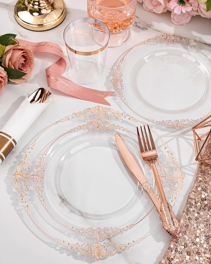 Nervure 350Pcs Rose Gold Plates, Disposable Dinnerware Set - Image 6