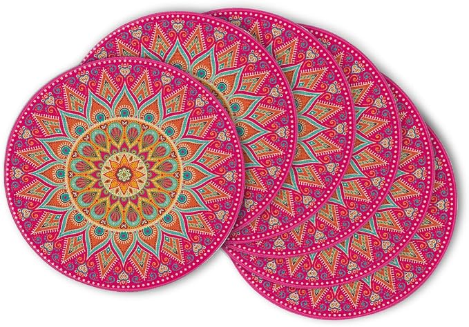 Artoid Mode Pink Yellow Mandala Round Placemats Set of 6, 14 Inch Seasonal by ArtoidMode