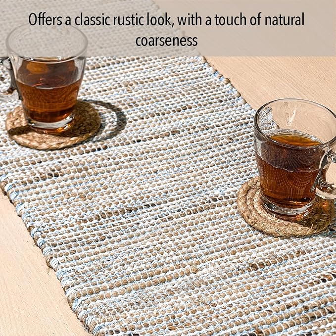 Natural Jute Table Runner, 13x72 Inch | Sky Blue-White, Vintage Boho Rustic - Image 6