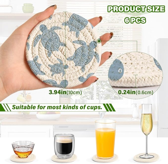 Turtle White Print Coasters for Drinks Set of 6 Absorbent Woven Drink Coaster - Image 3