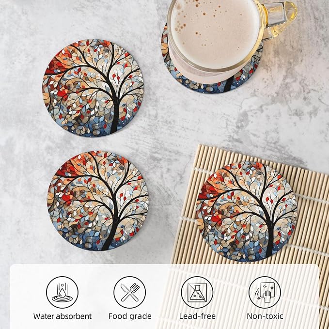 Artistic Tree Pattern Coasters for Drinks Absorbent Round Ceramic Coasters Set - Image 5