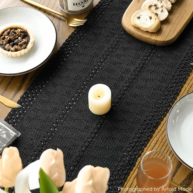Artoid Mode Black Woven Farmhouse Hollow Table Runner 12x90 Inch | Holiday - Image 5