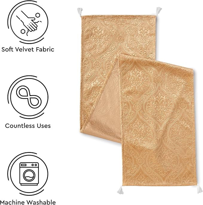Encasa XO Table Runner, Embossed Velvet, Elegant 13"x72" | Gold, 175 GSM - Image 4