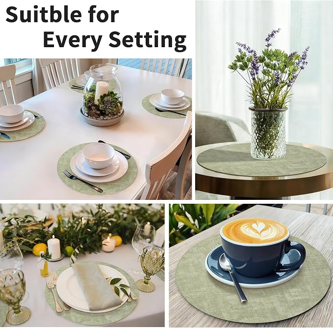 Maxpearl Faux Leather Round Placemats Set of 6, 13.8 inch, Light Green | - Image 8