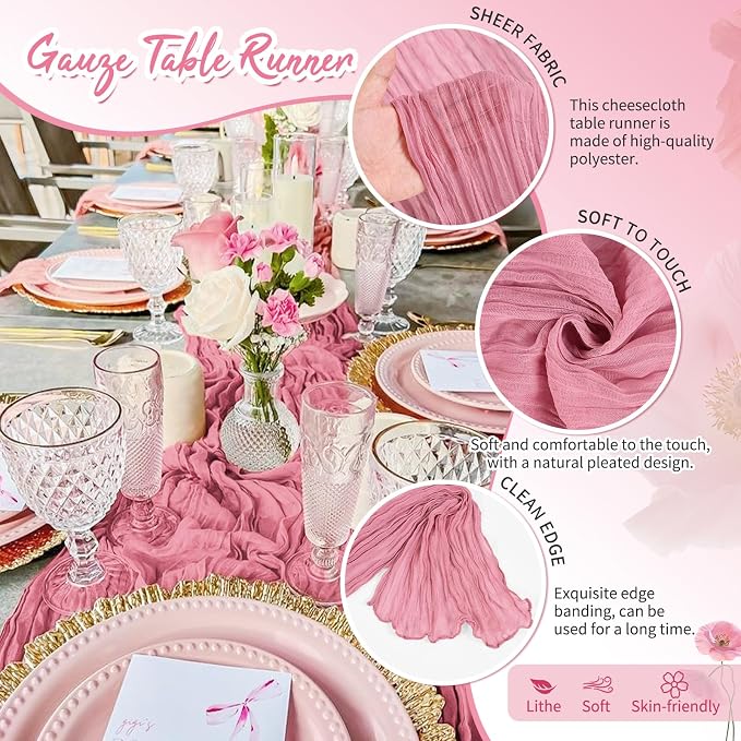 Showgeous 18 Pack Dusty Rose Cheesecloth Table Runner, 17 x 108 Inches | Boho - Image 3