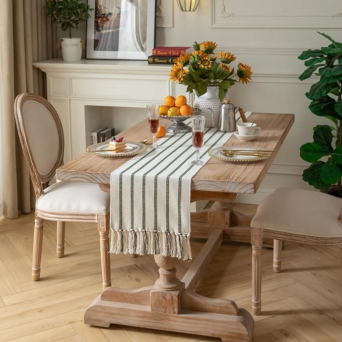 Caflife Boho Table Runner 60 Inchs Long Green and Beige, Cotton and Linen Woven - Image 7