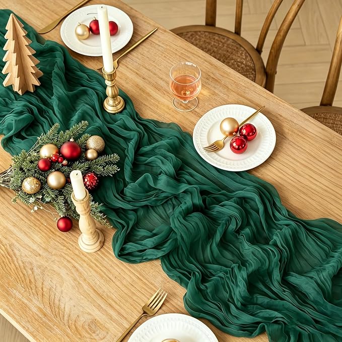 6Pcs Christmas Table Runner, 10FT Cheesecloth Emerald Green Table Runners - Image 2