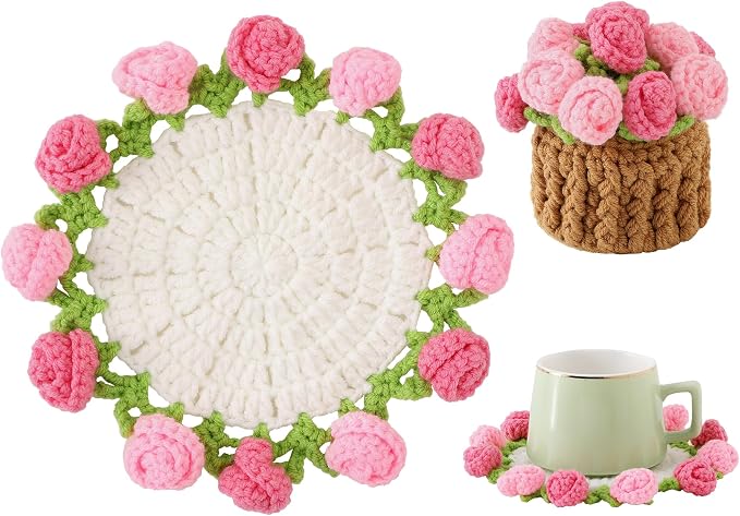 Crochet Flower Coasters, Handmade Bouquet Coasters by VaneOak