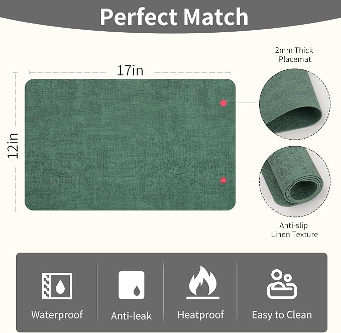 Maxpearl Faux Leather Placemats Set of 4, Dark Green | Waterproof - Image 8