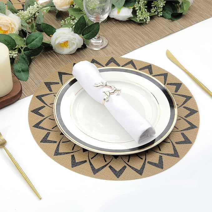 SHACOS 15 inch Round Vinly Placemats Set of 6 Boho Flower Print Place Mats - Image 5