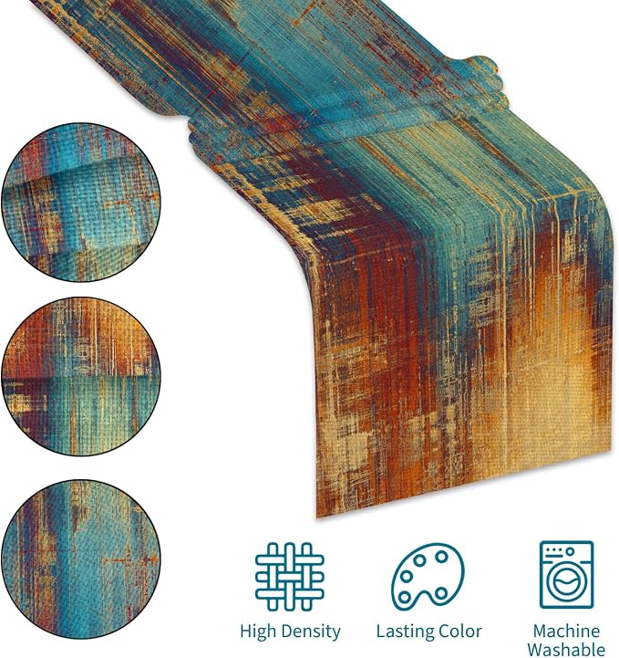 Small Table Runner Vintage Abstract Blue and Orange Table Runner Messy Rust - Image 5