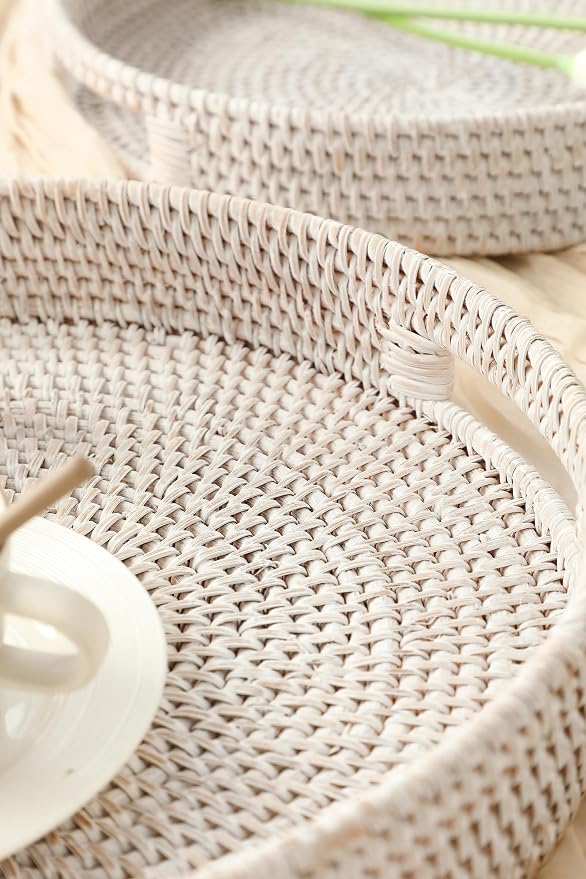 HITOMEN 14.2" Hand-Woven Round Rattan Serving Tray Decorative Ottoman Wicker - Image 3