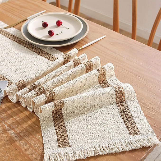 Boho Table Runners 120 Inches Long Farmhouse Macrame Table Runner Cotton Linen - Image 3