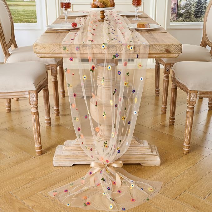BINBE 3pcs Champagne Daisy Spring Table Runner Embroidery Gauze 10FT Florals - Image 7