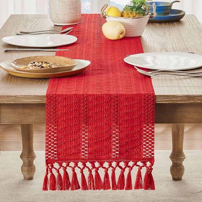 Macrame Style Boho Table Runner, 12x36 Inch Red | Woven Boho Table Runner - Image 2