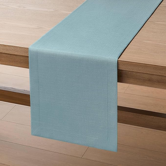 Linen Textured Border Table Runner, 14 x 36 Inch Blue | Mitered Corner Design - Image 7