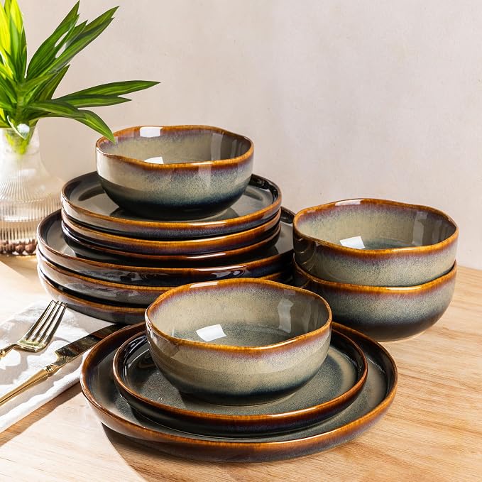 Ceramic Dinnerware Set for 4, 12-Piece Plates and Bowls Set | Handmade Reactive by TheTerra