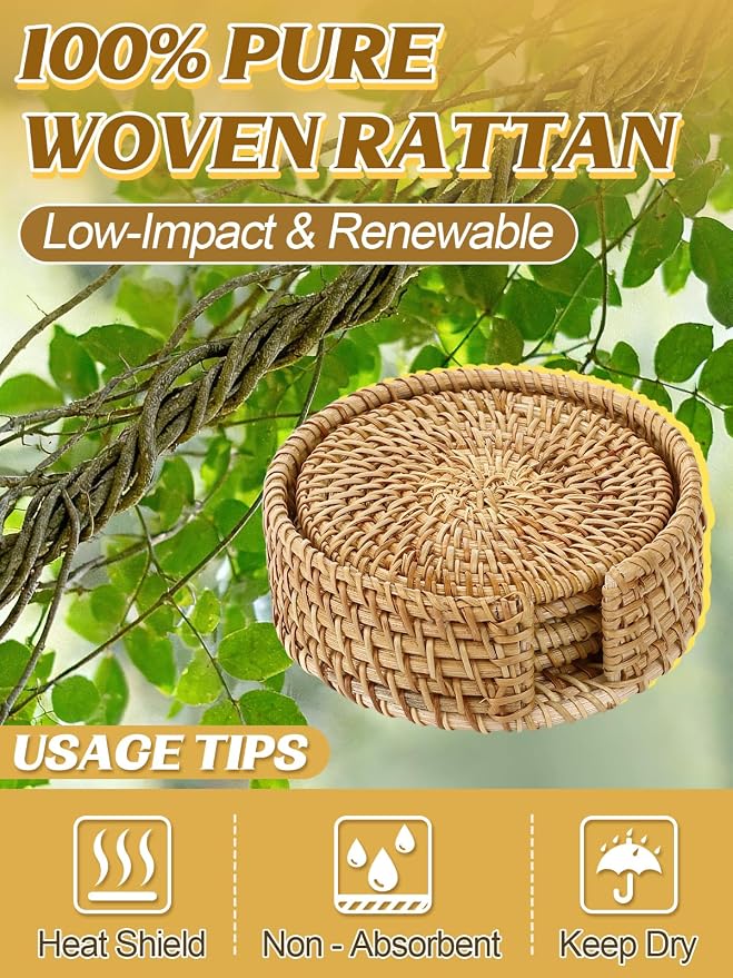 4Pcs Handmade Natural Rattan Coasters Set - Image 3