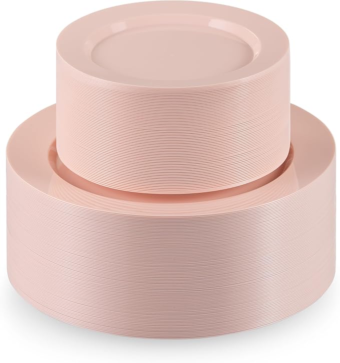 100 Pink Plastic Plates Set, Elegant Fancy Heavy Duty Disposable Plates by Munfix