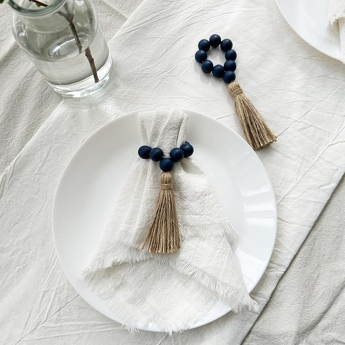 Napkin Rings Set of 12, Wooden Bead Elastic Tassel Napkin Ring | Tassel Napkin - Image 2
