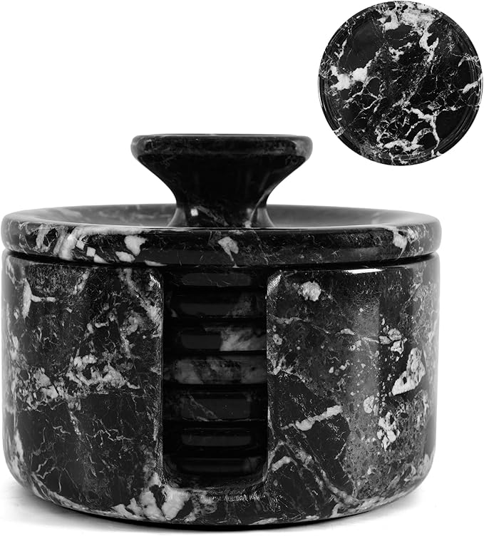 Marble Coasters Set of 6, 3.5" Inches Round Black Coaster by HomePage