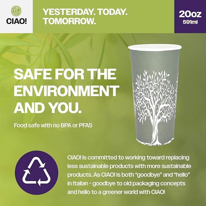 CIAO! 20oz Paper Hot Cup, Rooted Olive Print - Image 3