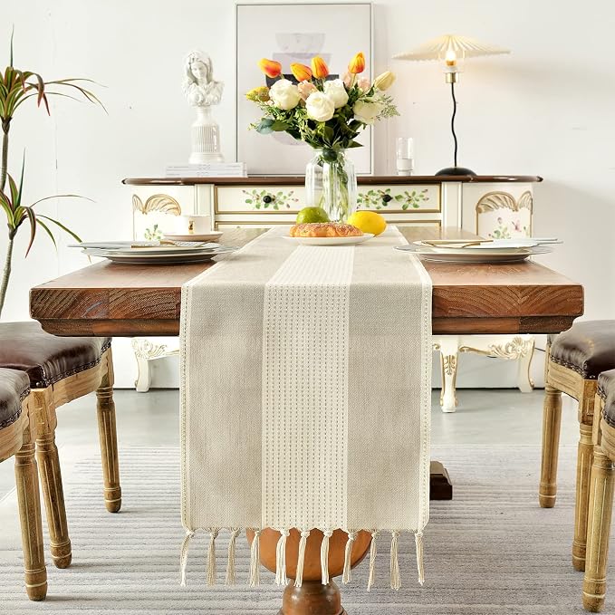 Wracra Linen Table Runner, Stripe Table Runners 60 Inches Long Light Coffee | - Image 4