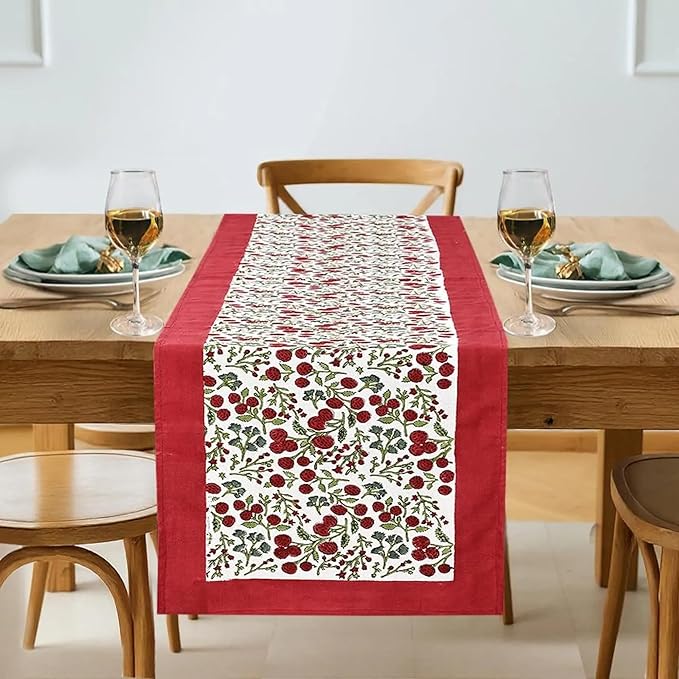 Garnet Red Hand Block Print 100% Cotton Reusable Table Runner 16" X 90" Inches by Ridhi