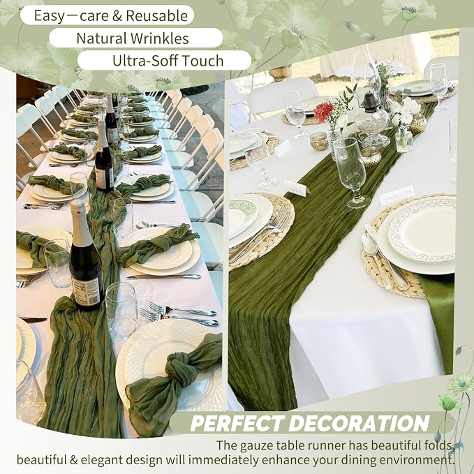 Showgeous 4 Pack Olive Green Cheesecloth Table Runner, 17 x 108 Inches | Boho - Image 6