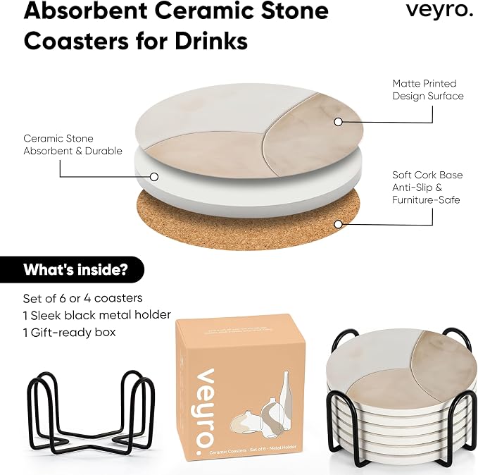 VEYRO Ceramic Coasters Set of 4 – Absorbent Stone Drink Coasters - Image 6