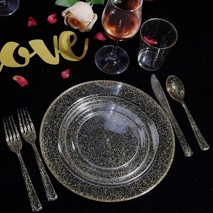 WELLIFE 175 Pieces Gold Glitter Plastic Plates - Image 4
