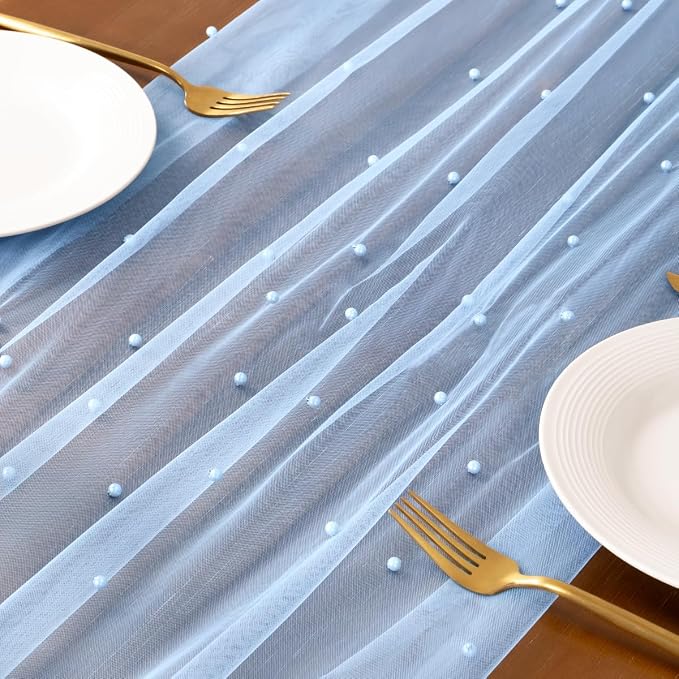 Pearl Table Runner Summer Tulle Gauze Sheer Wedding Party Home Decor | Blue - Image 2