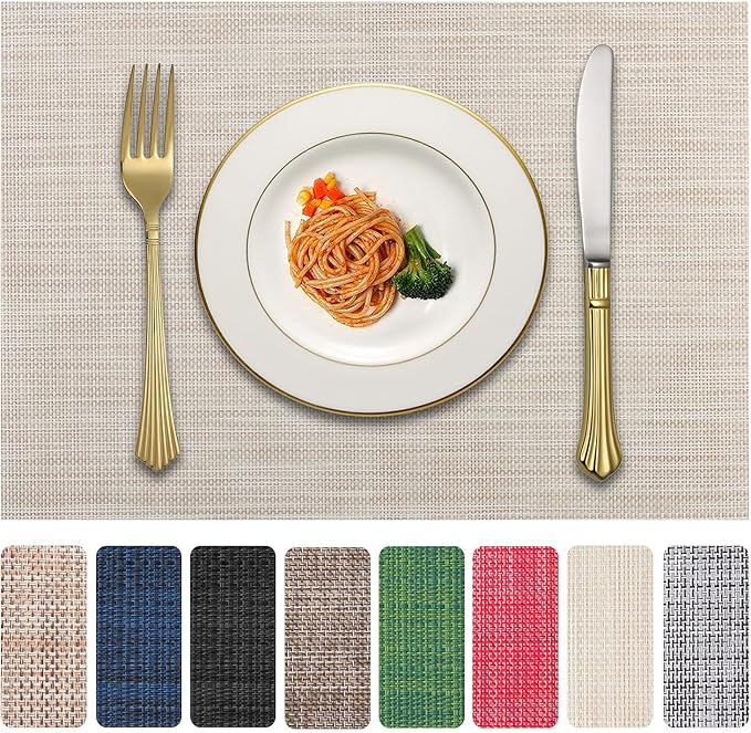 Vinyl Placemats Set of 8, PVC Woven Washable Non-Slip Table Mats, Heat by LANDVIEW