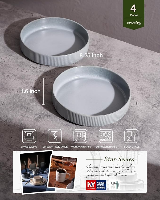famiware Star 8.25" Pasta Bowls Set of 4, Bowl Plates, Light Gray | Microwave & - Image 2