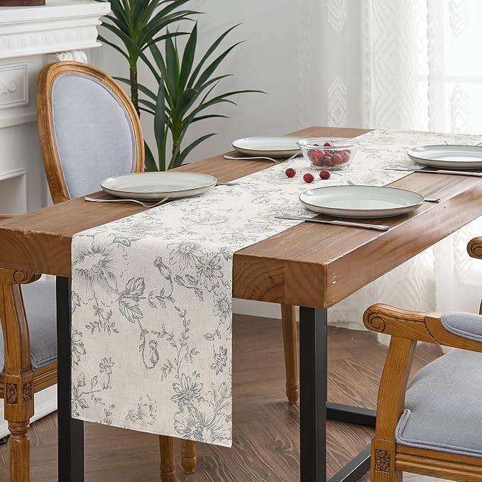 jinchan Grey Floral Linen Table Runner 13 x 90 Inch Farmhouse | Neutral - Image 2