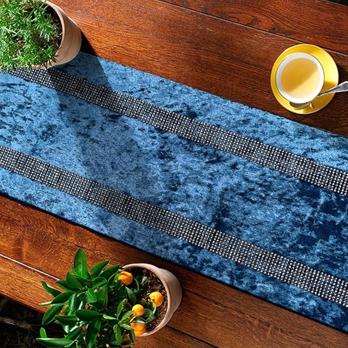 Elegant Blue Table Runner, Ombre Velvet, Diamante Stripes, Double-Layer - Image 6