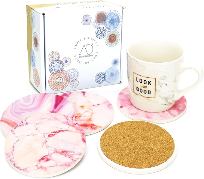 AD Set of 6 Coasters for Drinks Absorbing Round Ceramic Stone Coaster - Image 4