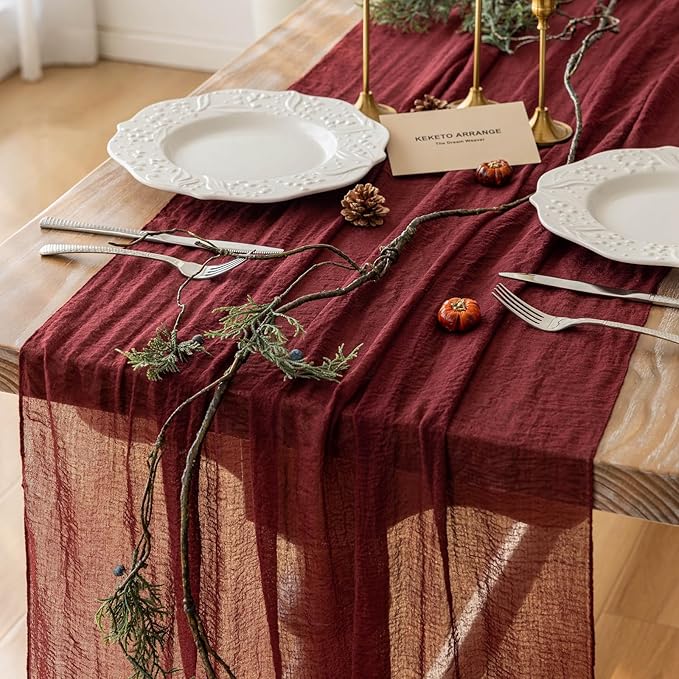 6Pcs Burgundy Cheesecloth Table Runner 120 Inches by KEKETOARRANGE