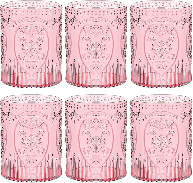 Qinyoung 6 Plastic Vintage Drinking Glasses 8.5oz Stemless Retro Embossed Wine by Qinyoung