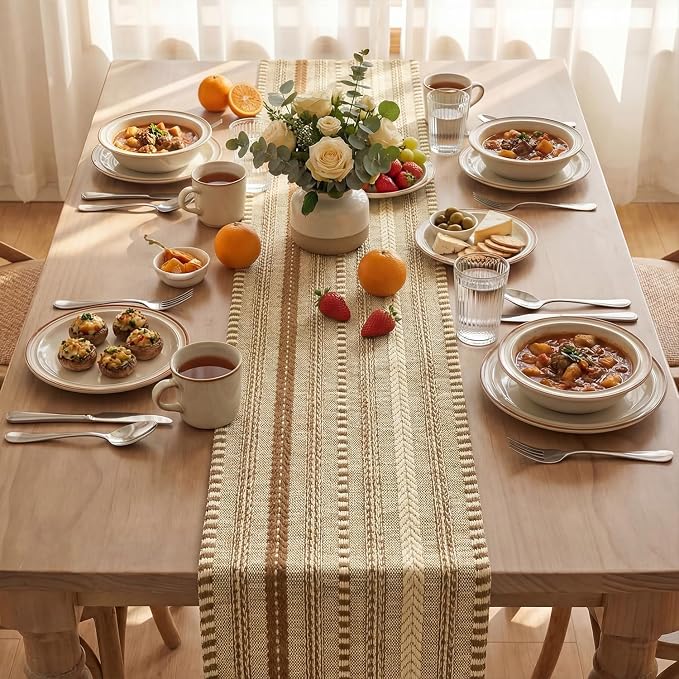 Artoid Mode Coffee Farmhouse Stripe Braided Table Runner 12x72 Inch | Holiday - Image 3