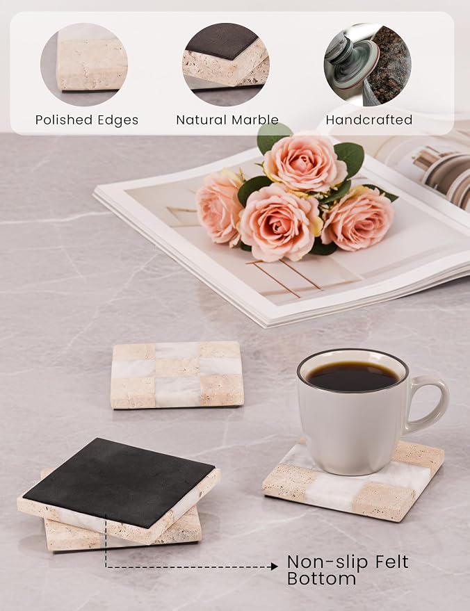 Marble Coasters Set of 4, Travertine & White Matt Handmade 4 inch Square - Image 4
