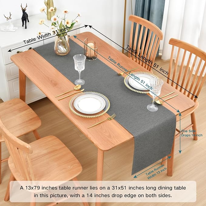 Faux Linen Table Runner Water Resistant 13 x 60 in, Charcoal | Farmhouse Rustic - Image 2