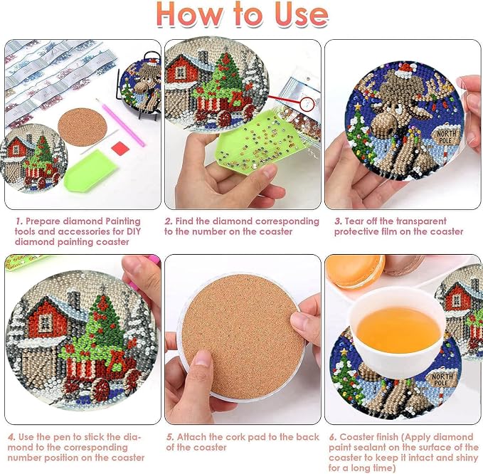 ijbnhd 8 PCS Christmas Diamond Art Coasters Kit 4X4inch | Christmas Diamond - Image 6
