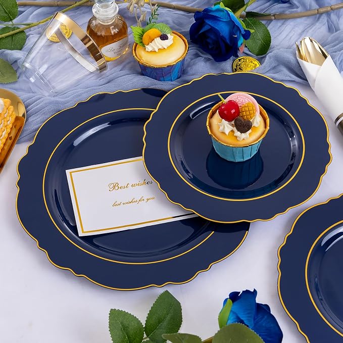 350PCS Navy Blue Plastic Patriotic Plates-Disposable Blue Gold Plates 50guest - Image 5