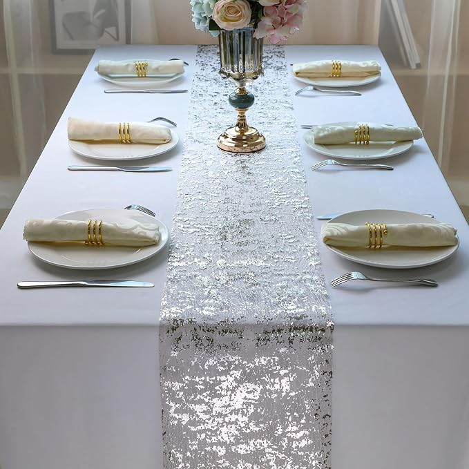 Snowkingdom Glitter Metallic Silver Table Runner 11 Inch x 32 Feet Thin Mesh - Image 4