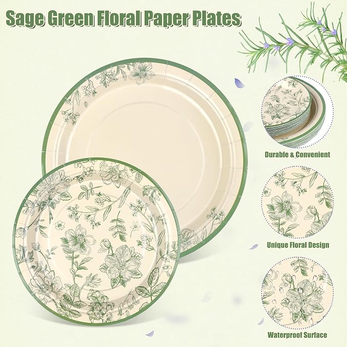 Kochorie 96 Pieces Sage Green Floral Party Supplies Elegant Floral Disposable - Image 3