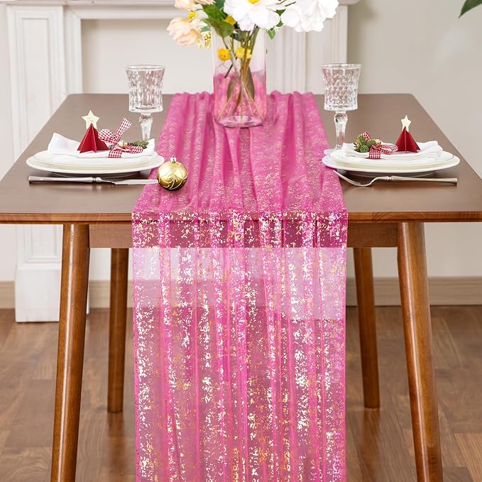 SiinvdaBZX Hot Pink Sheer Tulle Table Runner 120 Inch/10 Ft Long | Gauze Sequin - Image 3
