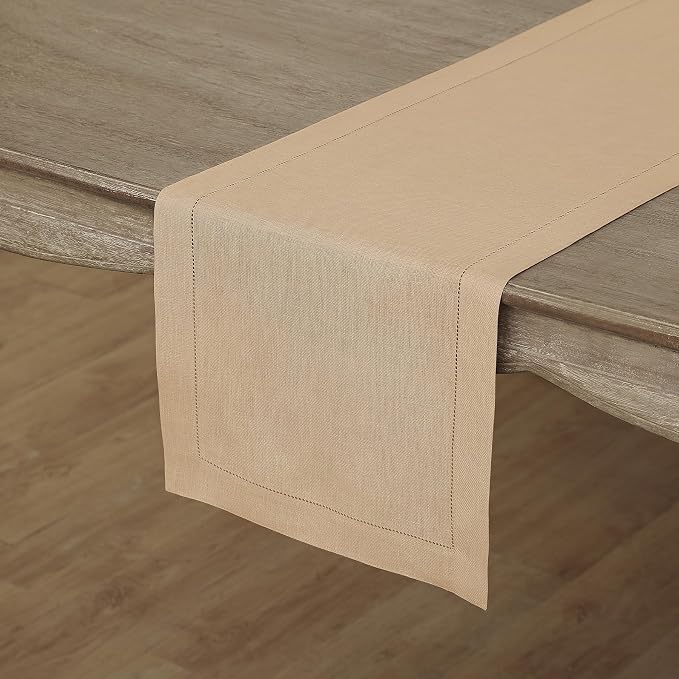 Solino Home 100% Linen Table Runner Beige, Classic Hemstitch 14 x 108 in | - Image 2