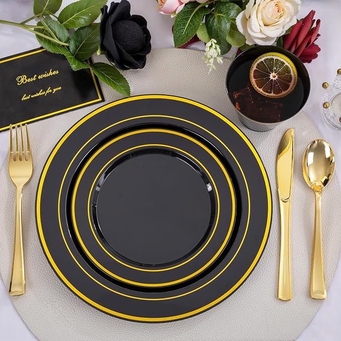 WELLIFE 600 PCS Black Gold Disposable Dinnerware Set - Image 3