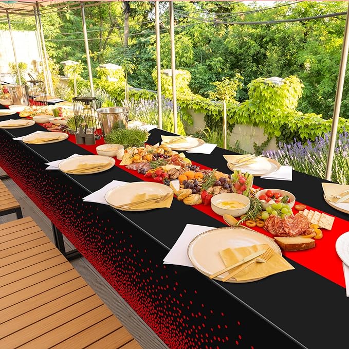 MASHAN 12Pcs Black and Red Tablecloth Party Decorations, Plastic Black Table - Image 7